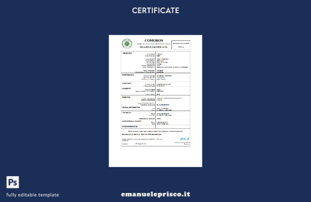 stile verificato Certificato di morte dello stato di stato civile delle Comore M